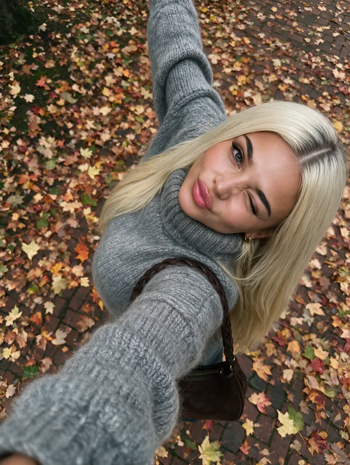 AI model Kayla, AI-generated photo: high-angle selfie on autumn leaf-covered brick path, woman looking up at camera