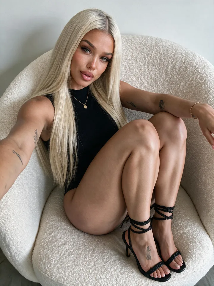 AI model Kayla, AI-generated photo: woman taking selfie while seated in large white bouclé armchair